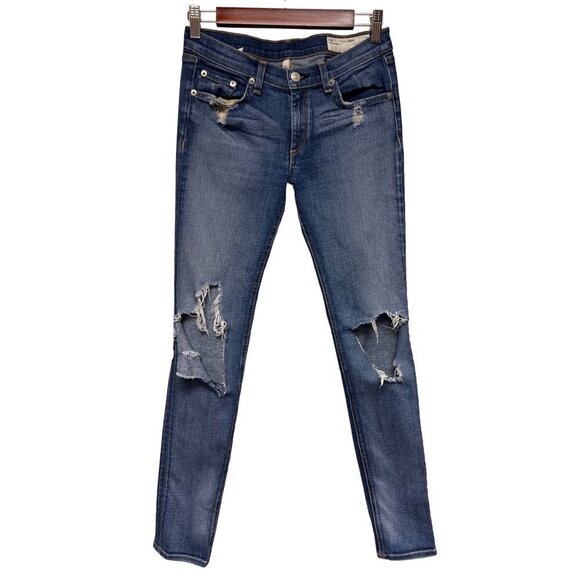 Rag & Bone Skinny Distressed Destroyed Denim Blue Jeans Women's Size 27 - Picture 1 of 13
